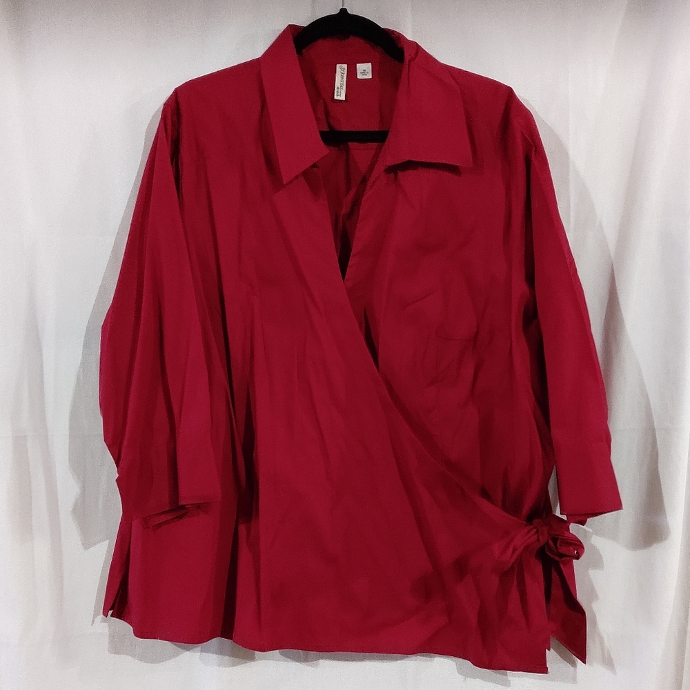 St John's Bay Cranberry Cotton Wrap Top 3/4 Sleeve Collared Size 3X